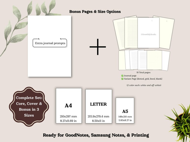 Bonus pages include journal prompts and note pages (grid, lined, dotted, blank) each in 2 colors. Extra space for journaling, writing, or ideas. All core pages, cover, and bonus available in 3 sizes (A4, A5, US Letter) — for GoodNotes, Samsung Notes, or printable.