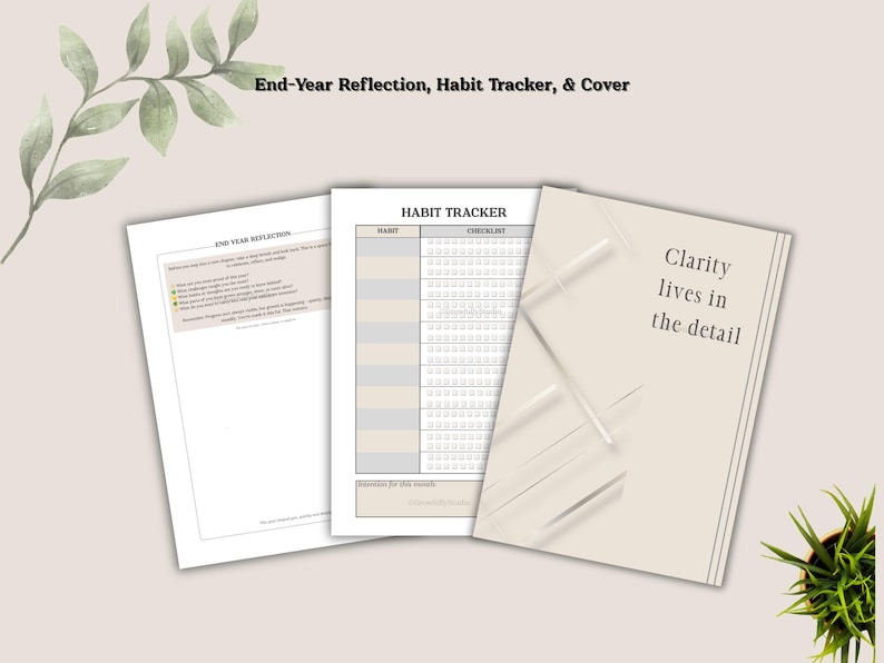 Minimalist cover design, habit tracker PDF, and end-year reflection prompts. A complete digital planner PDF for GoodNotes, Samsung Notes, or printable use. Perfect as an undated journal, selfcare log, and intentional growth tool.