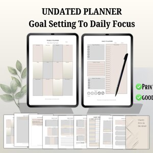 All-in-one digital planner PDF for GoodNotes, Samsung Notes, and printable use — 21 pages including yearly, monthly, weekly planners, daily focus sheet, habit tracker PDF, vision board set, and bonus journal pages. A minimalist undated journal for productivity, selfcare, time blocking, and intentional growth.