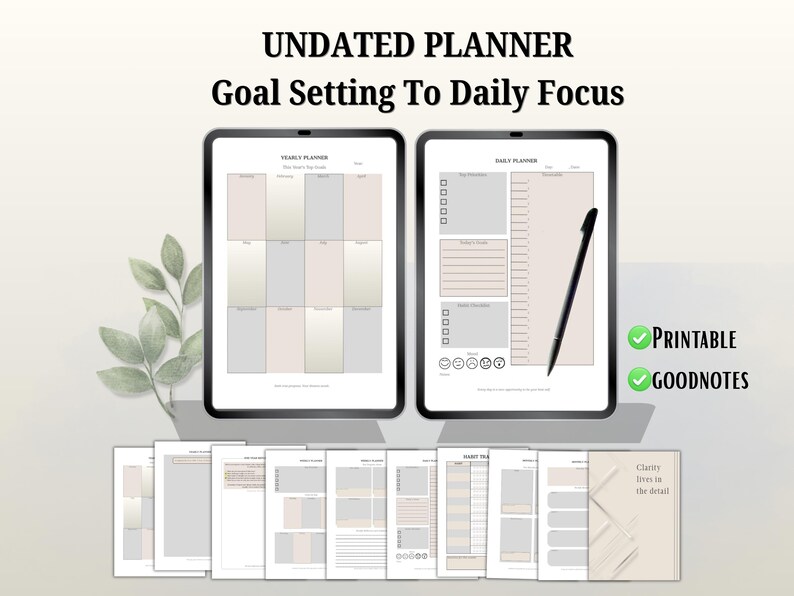All-in-one digital planner PDF for GoodNotes, Samsung Notes, and printable use — 21 pages including yearly, monthly, weekly planners, daily focus sheet, habit tracker PDF, vision board set, and bonus journal pages. A minimalist undated journal for productivity, selfcare, time blocking, and intentional growth.