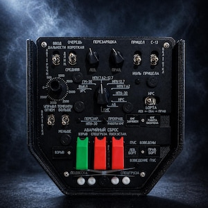 May include: A black control panel with various dials, switches, and buttons. The panel has text in Russian, including "Ввод", "ОЧЕРЕДЬ", and "ПЕРЕЗАРЯДКА". It features green and red toggle switches and a circular dial with numerical markings.