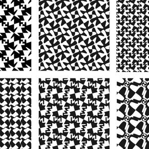 May include: Six black and white geometric patterns. Each pattern is a repeating design of abstract shapes.