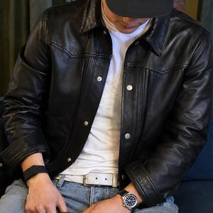 Mens Black Leather Trucker Jacket Western Button Vintage Cowboy Casual Coat