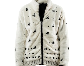 Hand-Embroidered White Sherpa Jacket – Cozy, Unique, and Artisan-Crafted
