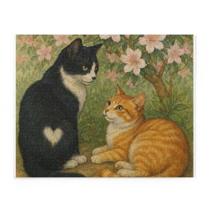 May include: A jigsaw puzzle depicting two cats in a garden. One is black and white with a heart-shaped marking, the other is ginger. Pink flowers and green foliage are in the background.