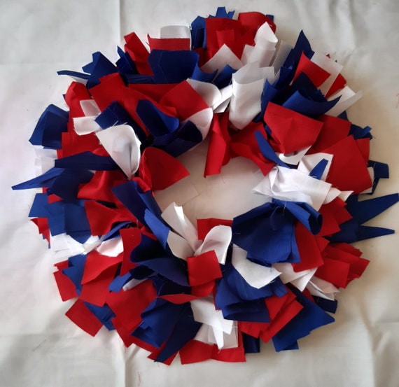 Handmade Semiquincentennial Rag Wreath: Red White Blue Shabby Chic