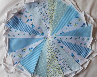 Bunting Fabric 20 pi 6 mtrs BLEU Floral Gingham Shabby Chic Style Single Ply Baby shower Baptême 20 bleu
