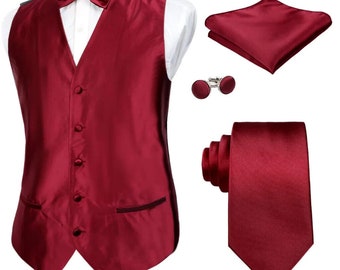 Men's Satin Waistcoat, vest, 5pce set Bow tie Necktie Cufflinks Pocket Square Wedding Christmas Party Maroon  SOLID