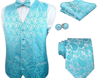 Men's Satin Waistcoat, vest, 5pce set Bow tie Necktie Cufflinks Pocket Square Wedding Christmas Party Turquoise Paisley