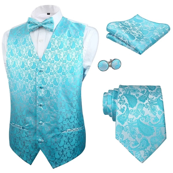 Men's Satin Waistcoat, vest, 5pce set Bow tie Necktie Cufflinks Pocket Square Wedding Christmas Party Turquoise Paisley