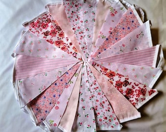 Handmade Shabby Chic Fabric Bunting: 20ft Wedding Garland Lilac blue pink green pastel red