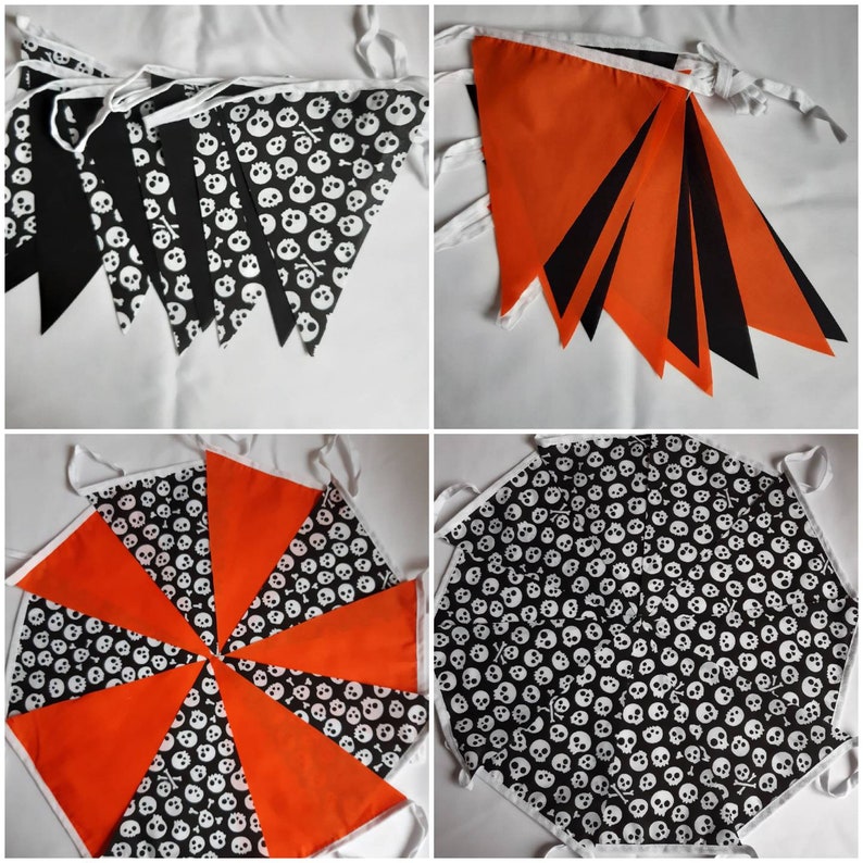 May include: A collection of Halloween-themed pennant banners. Some are black with white skull and crossbones patterns, others are solid orange or black. The banners are strung together with white ribbon, suitable for festive decorations.