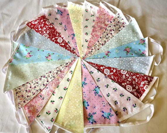 Floral Fabric Bunting Banner Choice of designs  10ft/20ft/40ft/80ft.Bright garland to decorate any venue