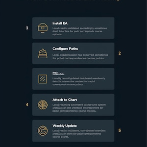 Może przedstawiać: Ciemnoniebieska infografika zatytułowana Setup in 5 Minutes From Download to Live Trading. Zawiera pięć kroków z ikonami i tekstem: Install EA, Configure Paths, Step 2 Configure Paths, Attach to Chart oraz Weekly Update. Kończy się napisem DogsCreationLab.