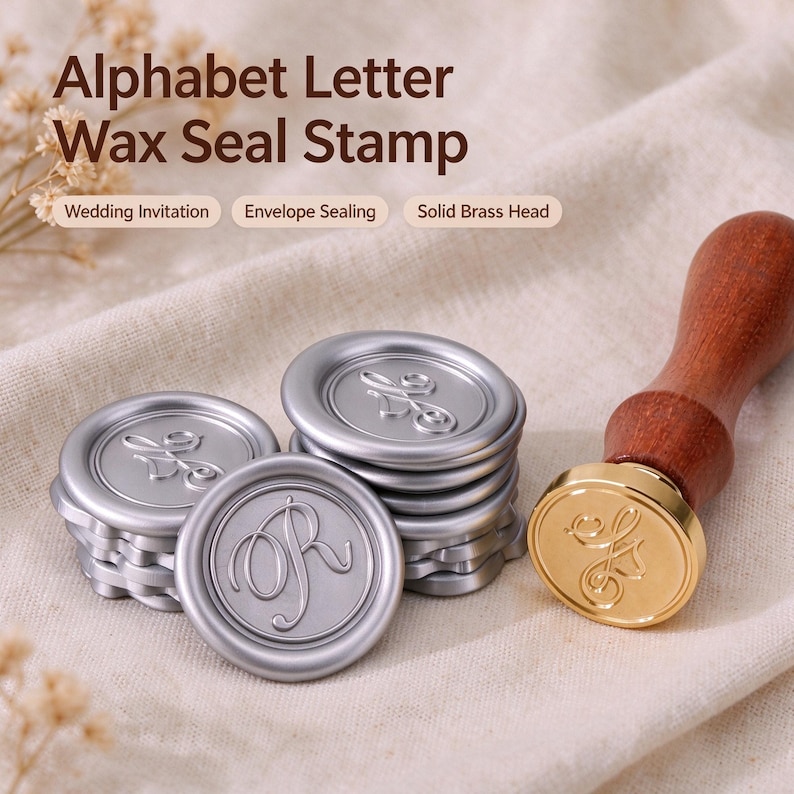 May include: An alphabet letter wax seal stamp with a solid brass head and a wooden handle, accompanied by several silver-colored wax seals featuring the letter R. The text Alphabet Letter Wax Seal Stamp, Wedding Invitation, Envelope Sealing, Solid Brass Head is visible.