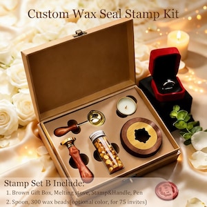 May include: A custom wax seal stamp kit in a brown gift box containing a wooden handle stamp, a gold melting spoon, a tea light candle, a glass vial of wax beads, and a wooden melting stove. The text reads Custom Wax Seal Stamp Kit.