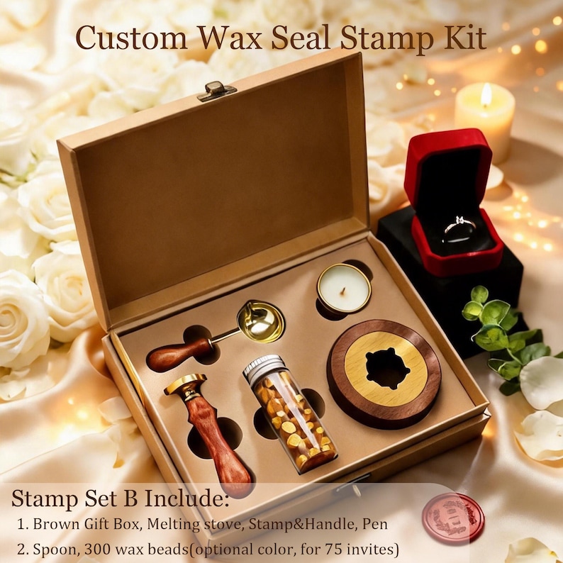 May include: A custom wax seal stamp kit in a brown gift box containing a wooden handle stamp, a gold melting spoon, a tea light candle, a glass vial of wax beads, and a wooden melting stove. The text reads Custom Wax Seal Stamp Kit.