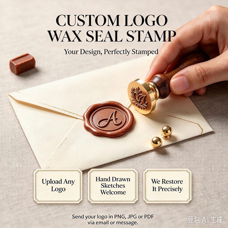 May include: A custom wax seal stamp with a dark wooden handle and a brass head featuring a floral design. The stamp is shown next to a cream envelope with a brown wax seal embossed with the letter A. Text includes CUSTOM LOGO WAX SEAL STAMP.