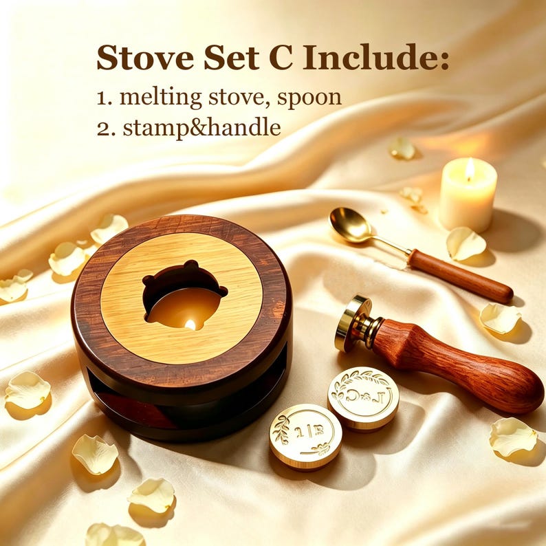 May include: A wax seal stove set including a dark wood and light wood melting stove, a gold-toned melting spoon with a wood handle, a stamp with a wood handle, and two brass stamp heads. Text reads: Stove Set C Include: 1. melting stove, spoon 2. stamp&handle.