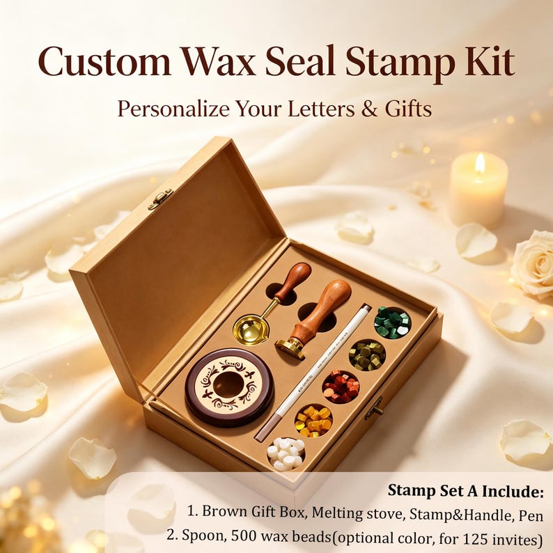 May include: A custom wax seal stamp kit in a brown gift box containing a melting stove, a stamp with a wooden handle, a metal spoon, a white pen, and small wax beads in green, gold, red, yellow, and white. Text reads: Custom Wax Seal Stamp Kit.