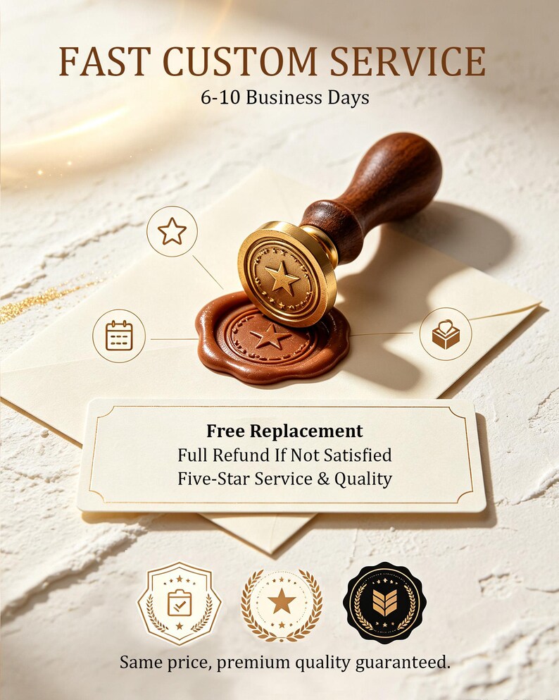 May include: A wax seal stamp with a dark wooden handle and a brass head featuring a star design, resting on a cream envelope with a brown wax seal. Text includes FAST CUSTOM SERVICE, 6-10 Business Days, Free Replacement, Full Refund If Not Satisfied, Five-Star Service & Quality, and Same price, premium quality guaranteed.