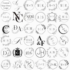 May include: A collection of black and white circular and geometric logo designs featuring various initials, dates, and botanical wreath accents. The text includes Custom Your Own Logo, dates like 10.26.24, and various letter combinations like M&N, S&H, and A&F.