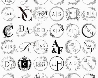 May include: A collection of black and white circular and geometric logo designs featuring various initials, dates, and botanical wreath accents. The text includes Custom Your Own Logo, dates like 10.26.24, and various letter combinations like M&N, S&H, and A&F.