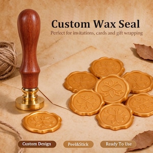 May include: A wax seal stamp with a dark brown wooden handle and a brass base, accompanied by several gold-colored wax seals featuring an infinity symbol design. The text Custom Wax Seal, Custom Design, Peel&Stick, and Ready To Use is visible.