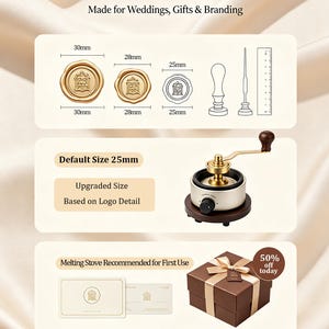 May include: Wax seal stamps with 30mm, 28mm, and 25mm diameter options, a metal melting stove with a wooden handle, and a brown gift box with a ribbon. Text includes SIZE, TOOLS & GIFT BOXES, Default Size 25mm, and Upgraded Size Based on Logo Detail.