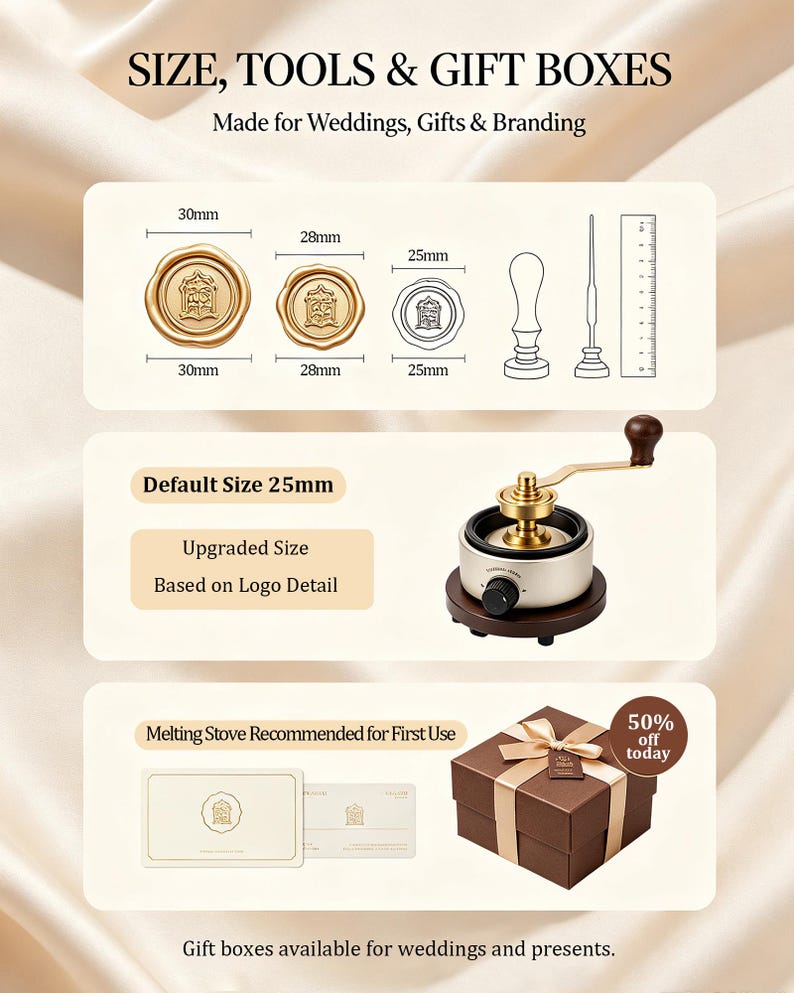 May include: Wax seal stamps with 30mm, 28mm, and 25mm diameter options, a metal melting stove with a wooden handle, and a brown gift box with a ribbon. Text includes SIZE, TOOLS & GIFT BOXES, Default Size 25mm, and Upgraded Size Based on Logo Detail.