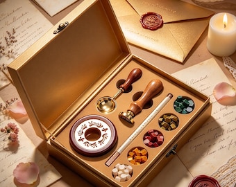 May include: A gold-coloured gift box containing a wax seal kit with a wooden-handled stamp, a metal melting spoon, a wax warmer, a stirring rod, and five small containers filled with wax beads in green, gold, red, orange, and white.