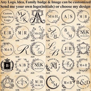 May include: A collection of black ink monogram designs on a beige background, featuring various circular, floral, and shield-shaped frames with initials and dates. Text reads: Any Logo, Idea, Family badge & Image can be customized.