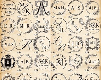 May include: A collection of black ink monogram designs on a beige background, featuring various circular, floral, and shield-shaped frames with initials and dates. Text reads: Any Logo, Idea, Family badge & Image can be customised.