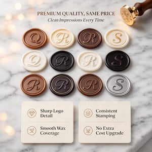 May include: A collection of twelve circular wax seals in various colors including brown, white, black, and silver, each embossed with the letters Q, R, or S. A brass stamp with a wooden handle is visible. Text includes PREMIUM QUALITY, SAME PRICE, Clean Impressions Every Time, Sharp Logo Detail, Smooth Wax Coverage, Consistent Stamping, and No Extra Cost Upgrade.