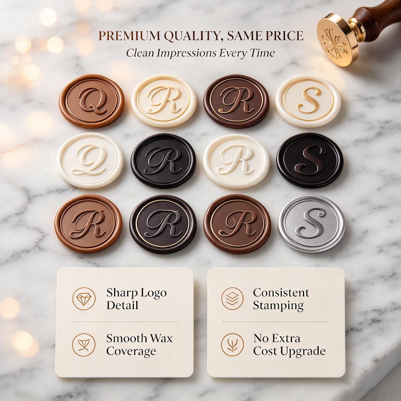 May include: A collection of twelve circular wax seals in various colors including brown, white, black, and silver, each embossed with the letters Q, R, or S. A brass stamp with a wooden handle is visible. Text includes PREMIUM QUALITY, SAME PRICE, Clean Impressions Every Time, Sharp Logo Detail, Smooth Wax Coverage, Consistent Stamping, and No Extra Cost Upgrade.
