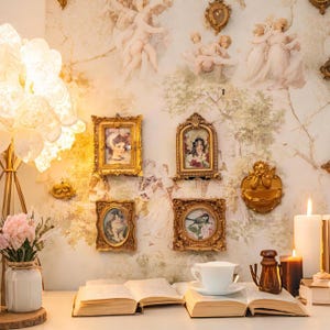 May include: An interior scene with gold framed pictures on a wallpaper background with cherubs and landscapes. A lamp, flowers, books, and candles are arranged on a table. The overall aesthetic is vintage and decorative.