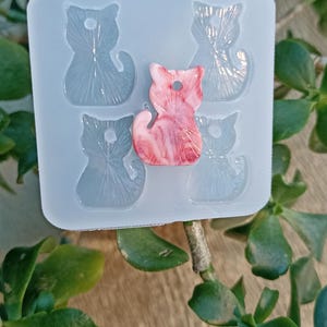 Könnte beinhalten: Eine transparente Silikonform mit vier katzenförmigen Hohlräumen, von denen einer mit einem rosa-weiß marmorierten Katzenanhänger gefüllt ist. Die Form befindet sich vor einem Hintergrund aus grünem Laub.