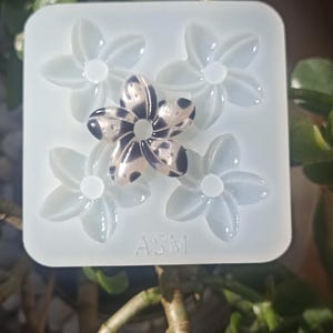 Può includere: Uno stampo in silicone bianco con cinque cavità a forma di fiore. Un fiore è riempito con una resina maculata nera e beige. Le lettere "ASM" sono stampate sullo stampo.