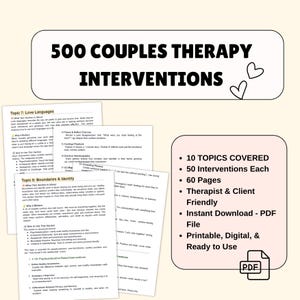 Può includere: Una guida PDF digitale intitolata "500 Interventi di terapia di coppia". La guida tratta 10 argomenti con 50 interventi ciascuno, per un totale di 60 pagine. È progettata per essere adatta a terapeuti e clienti, offrendo risorse stampabili e digitali.