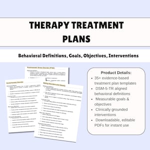 May include: A white graphic with the text "THERAPY TREATMENT PLANS" and "Behavioral Definitions, Goals, Objectives, Interventions." The image includes details about treatment plan templates, behavioral definitions, goals, and interventions.
