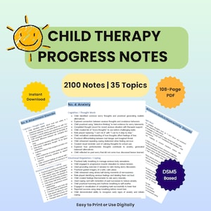 Może przedstawiać: Cyfrowe notatki z postępów w terapii dzieci. Obraz zawiera ilustrację słońca i tekst "Child Therapy Progress Notes". Zawiera 2100 notatek, 35 tematów i 108-stronicowy plik PDF. Tematy obejmują lęk i zaburzenia więzi.
