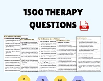 May include: A colorful digital download for therapy questions. The document contains 30 topics covered and over 90 pages. The title of the document is "1500 Therapy Questions".