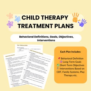 Könnte beinhalten: Eine hellgelbe Grafik mit dem Text „CHILD THERAPY TREATMENT PLANS“ und „Behavioral Definitions, Goals, Objectives, Interventions“. Das Bild enthält eine Liste der Planbestandteile und Beispielseiten.