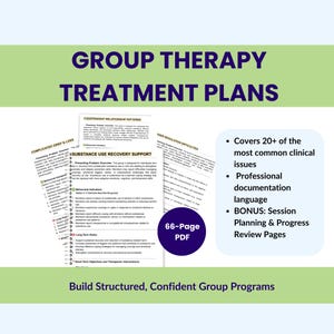 Może przedstawiać: Zielono-biała grafika z tekstem "GROUP THERAPY TREATMENT PLANS". Obraz zawiera listę tematów, ikonę PDF o objętości 66 stron oraz punktorami z napisem "Obejmuje ponad 20 najczęstszych problemów klinicznych."