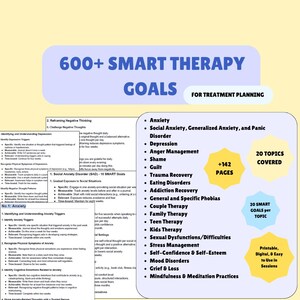 May include: A colourful printable chart with 600+ SMART therapy goals for treatment planning. The chart is divided into 20 topics, each with 20 SMART goals. The topics include anxiety, depression, trauma recovery, eating disorders, addiction recovery, couple therapy, family therapy, teen therapy, kids therapy, sexual dysfunctions, stress management, self-confidence, mood disorders, grief and loss, and mindfulness and meditation practices.