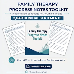 Peut inclure: Un kit d'outils numérique intitulé Family Therapy Progress Notes Toolkit contenant 2 040 déclarations cliniques pour 30 sujets. Le PDF de 150 pages inclut des pages sur les conflits familiaux récurrents, la critique et le blâme.