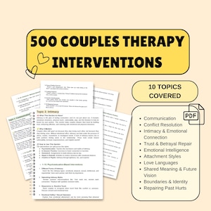 Puede incluir: Un conjunto de páginas impresas con el título "500 COUPLES THERAPY INTERVENTIONS" en una pancarta amarilla. La imagen incluye una lista de 10 temas, como comunicación y resolución de conflictos. También se ve un icono PDF.
