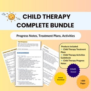 Può includere: Un pacchetto completo di terapia infantile con note di avanzamento, piani di trattamento e attività. L'immagine include un'illustrazione del sole e il testo "CHILD THERAPY COMPLETE BUNDLE". Il pacchetto include una guida e oltre 300 pagine.