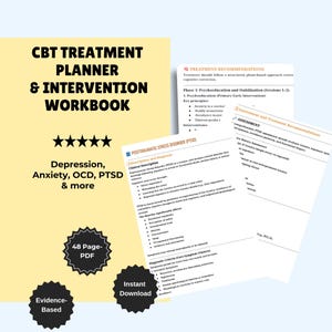 Może przedstawiać: Planer leczenia CBT i zeszyt interwencyjny z tekstem „Depresja, lęk, OCD, PTSD i więcej”. Zeszyt zawiera zalecenia dotyczące leczenia i informacje o ocenie. Obraz zawiera również tekst „48 stron PDF”, „Oparte na dowodach” i „Natychmiastowe pobieranie”.