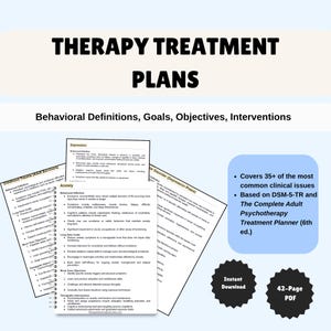 Könnte beinhalten: Ein digitaler Therapiebehandlungsplan mit dem Titel "Therapy Treatment Plans". Er enthält Verhaltensdefinitionen, Ziele, Zielsetzungen und Interventionen. Er deckt über 35 gängige klinische Probleme ab und basiert auf DSM-5-TR.
